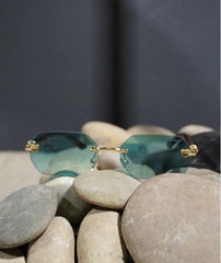 Blue Cartier Rimless Wooden Style Sunglasses - The Shan Store