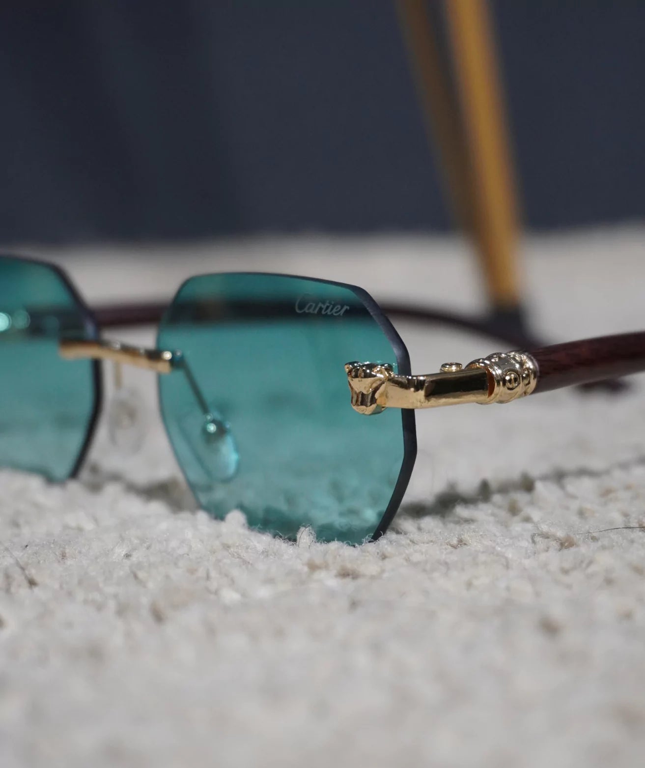 Blue Cartier Rimless Wooden Style Sunglasses - The Shan Store