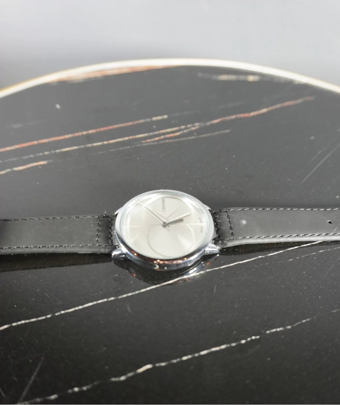 CK Minimal Silver Dial Black Leather Strap Watch